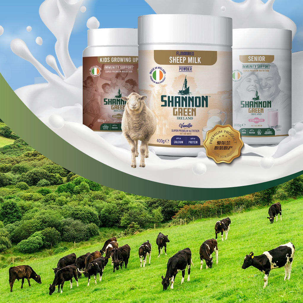 3 tubs of Shannon Green flavoured Sheep milk in a field with grazing cows