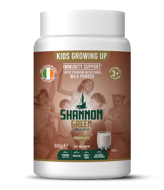 a picture of a Tub of Shannon Green growing up kids milk, chocolate flavour  