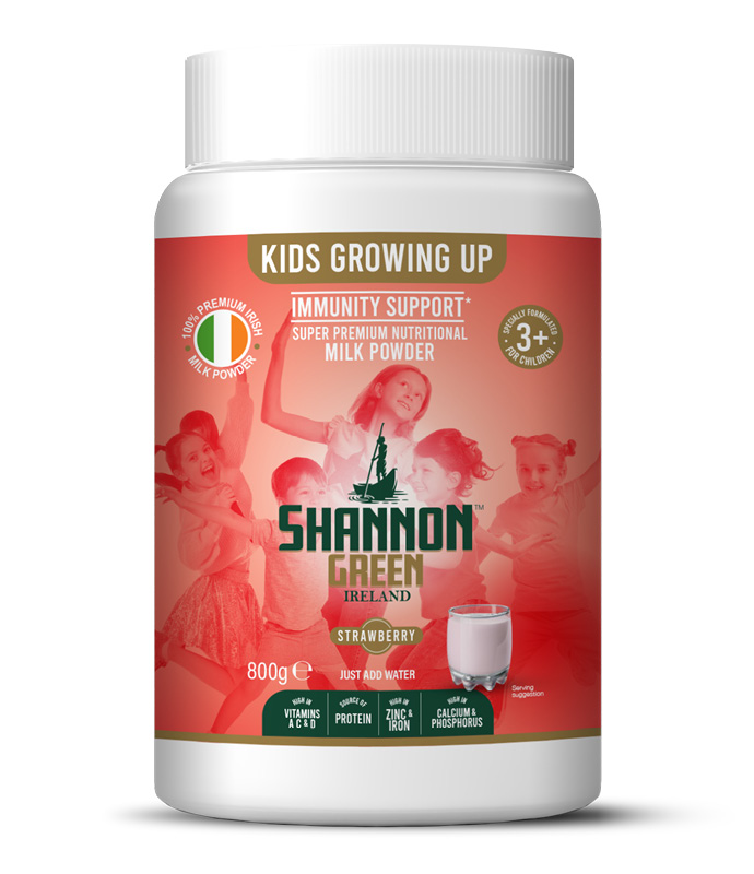 a picture of a Tub of Shannon Green growing up kids milk, Strawberry flavour