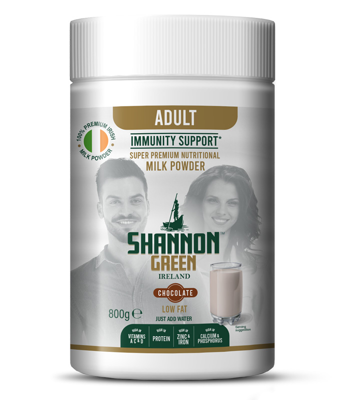 a tub of Shannon Greens Adult immunity support  milk powder - Chocolate flavour