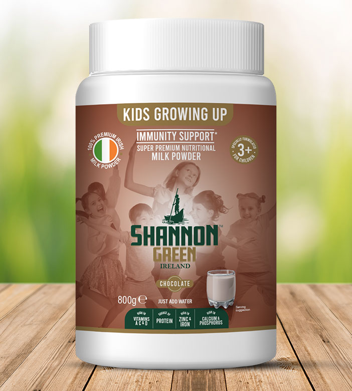a tub of Shannon Green growing up cows milk - Chocolate flavour
