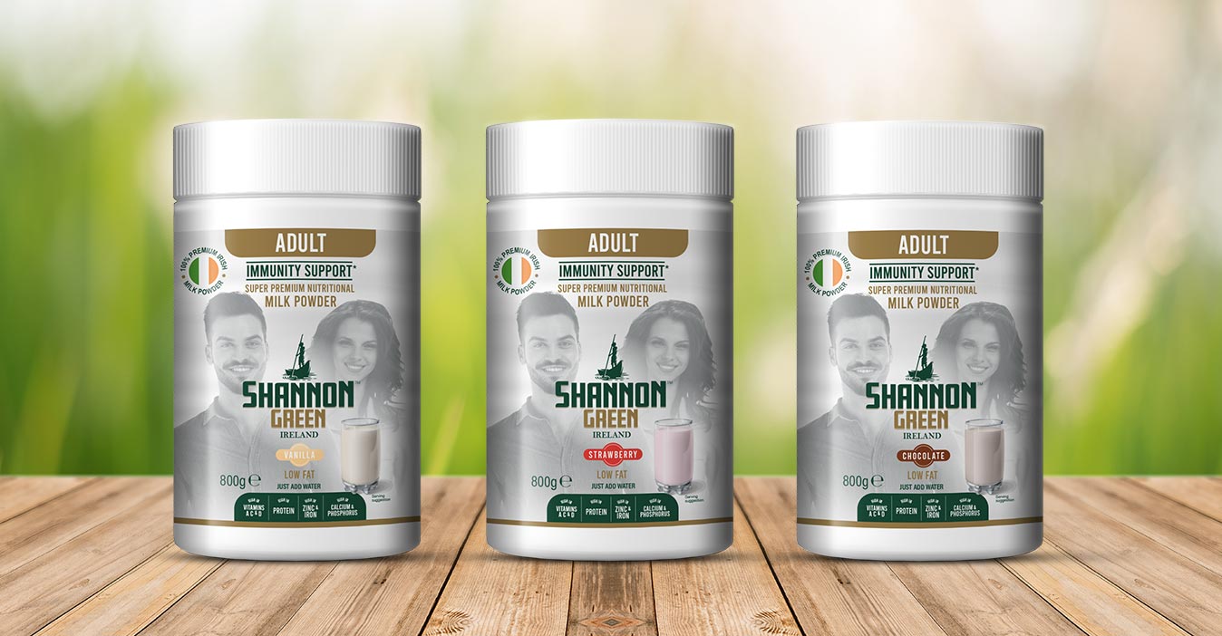 3 tubs of Shannon Greens Adult immunity support milk powder -  Vanilla, Strawberry and chocolate flavours